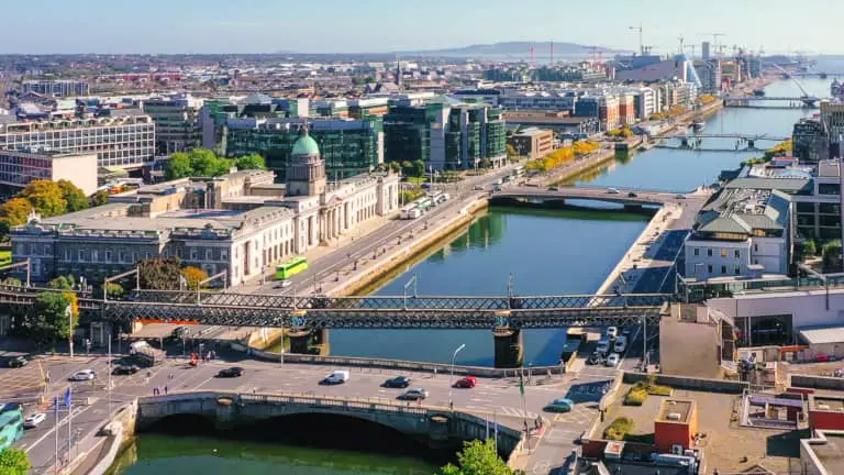 Dublin panorama overlooking the River Liffey and the Custom House, with the IFSC and North Wall areas of Dublin visible in the distance