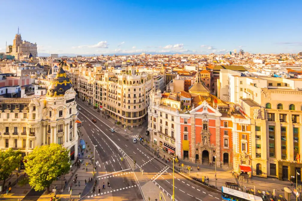 Panoramic view of the junction between Gran Vía and Calle de Alcalá, two of the most important streets in central Madrid, showcasing the city's beautiful architecture