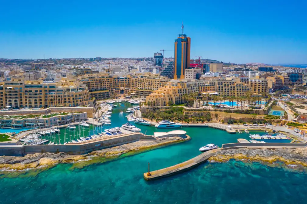 Aerial view of the picturesque Portomaso Marina, in St Julian's, Malta