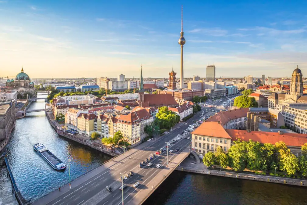 Berlin panorama overlooking the Mühlendamm Bridge and the River Spree, with the famous Berlin TV Tower (Berliner Fernsehturm) dominating the skyline