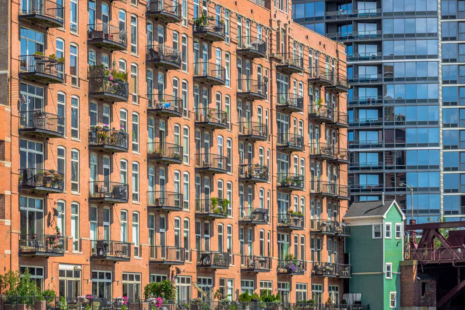 Red brick apartment building in the River North neighborhood of downtown Chicago