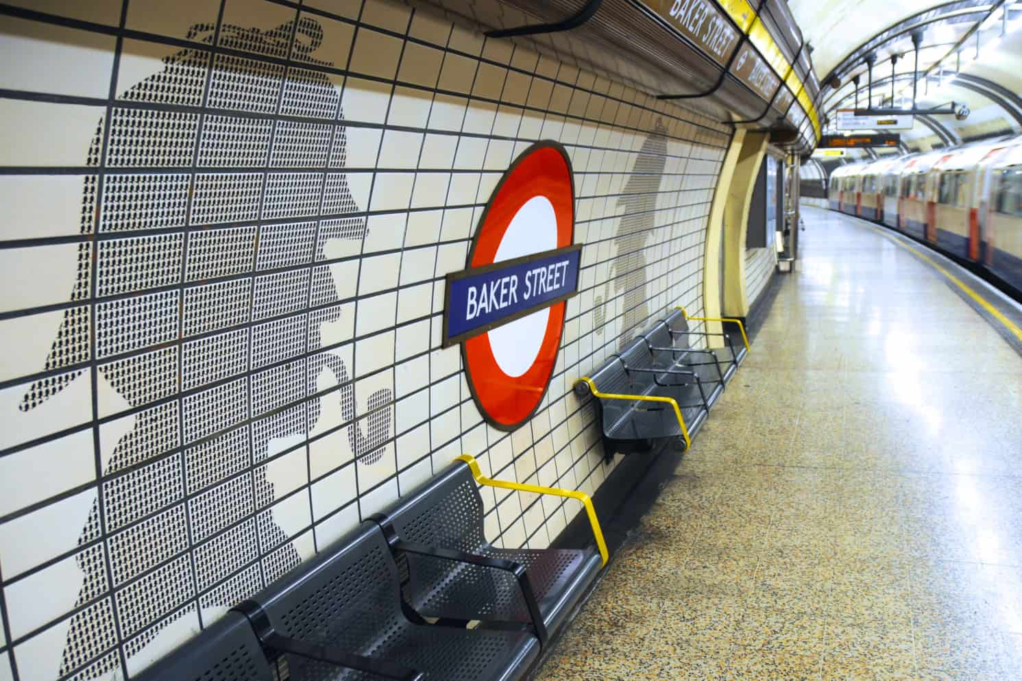 The Baker Street tube station in London, with Sherlock Holmes's silhouette painted on the station's walls