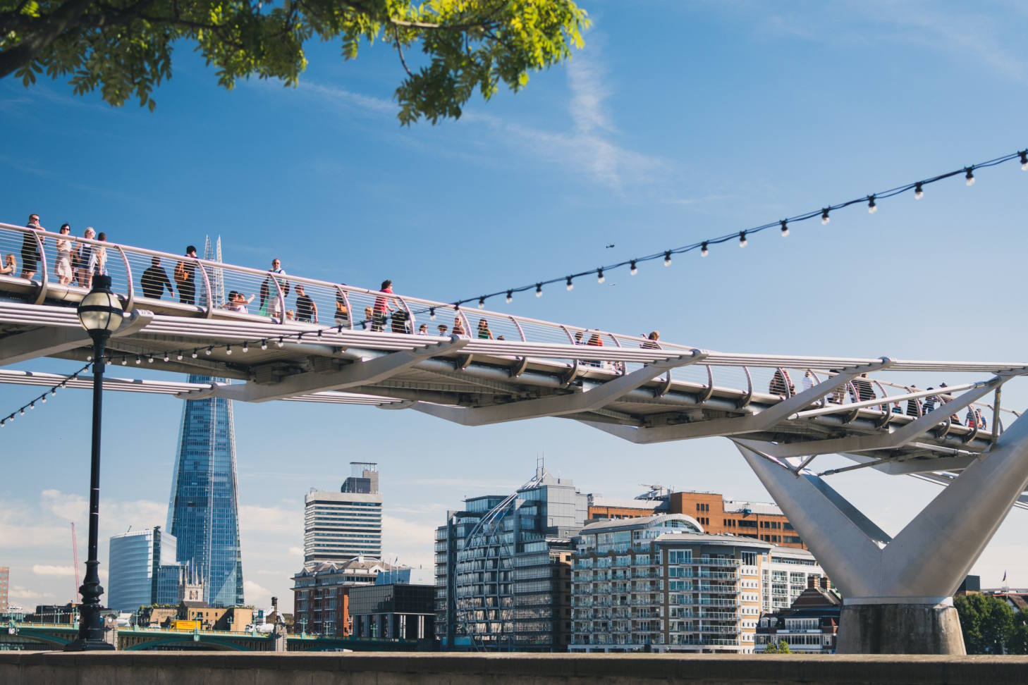 People crossing the Millennium Bridge in London on a sunny day