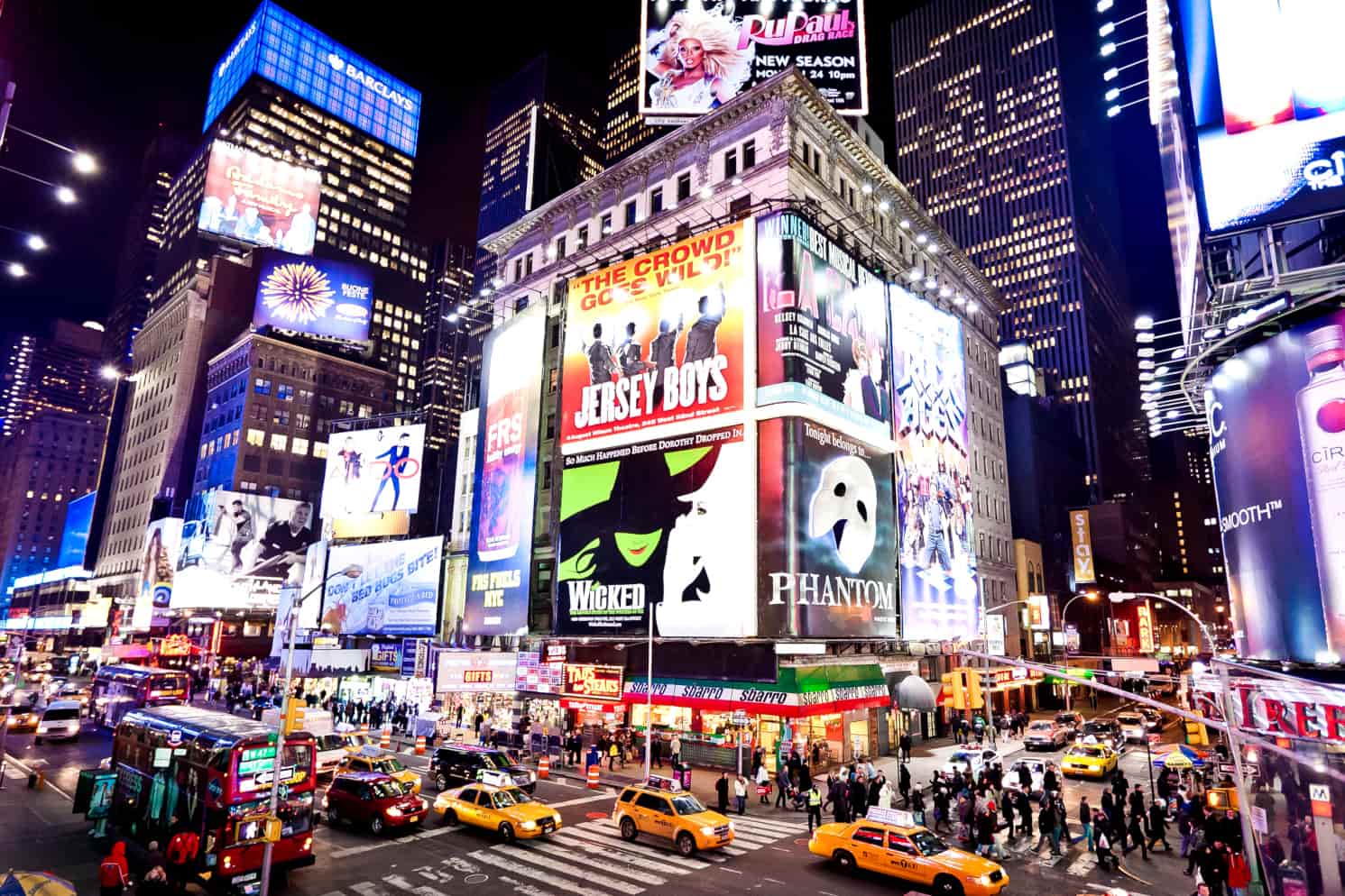 Illuminated Broadway theatres in Times Square, New York