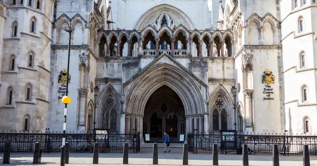 The main entrance to the Royal Courts of Justice, in Westminster, London