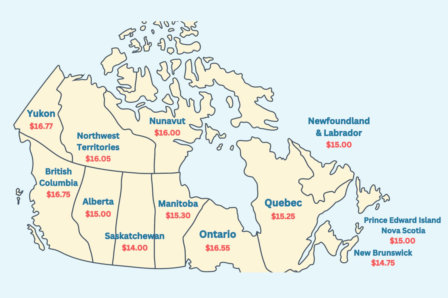 Map of Canada showing the hourly minimum wage in each province