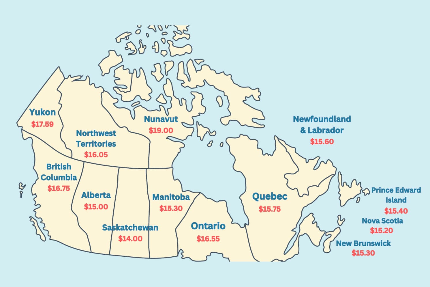 Map of Canada showing the hourly minimum wage in each province