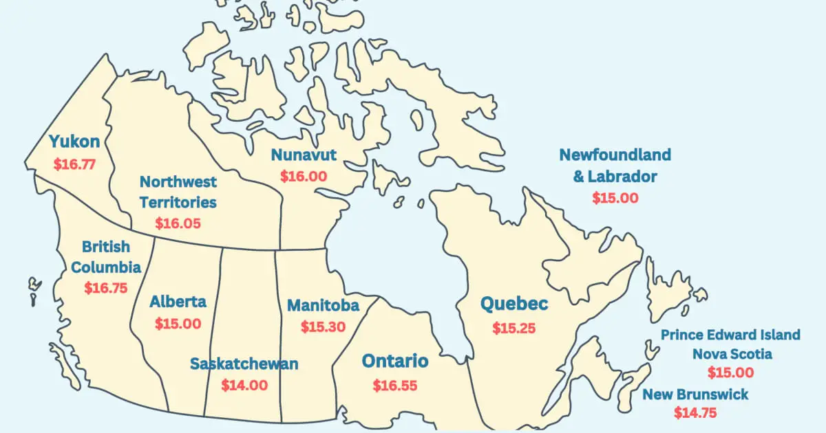Map of Canada showing the hourly minimum wage in each province