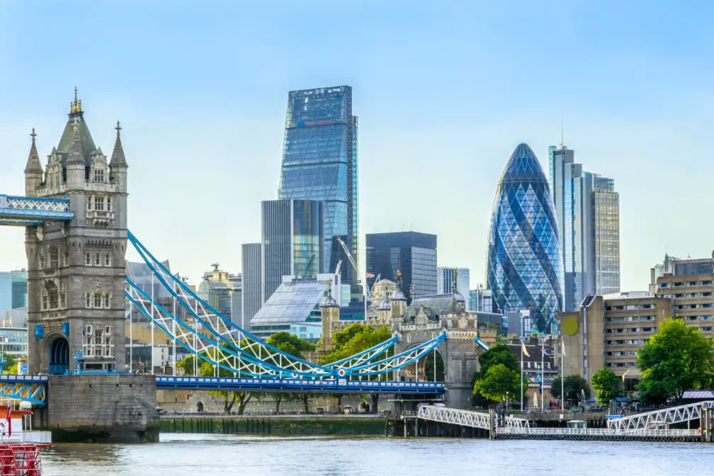 City of London skyline, showing the iconic Tower Bridge and the famous high-rise buildings of London's premier financial district