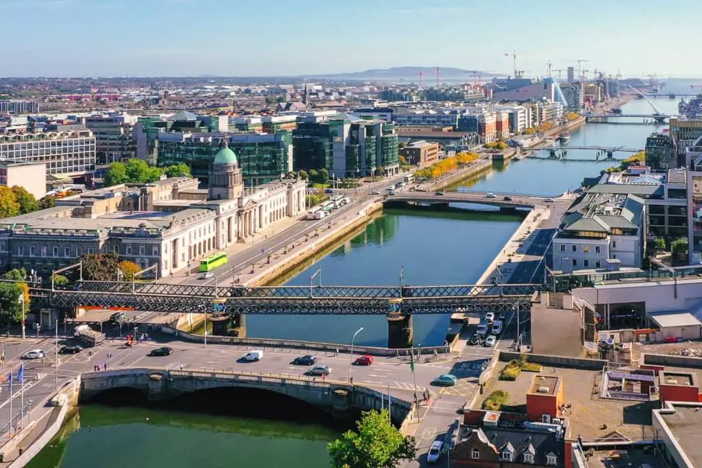 Dublin panorama overlooking the River Liffey and the Custom House, with the IFSC and North Wall areas of Dublin visible in the distance