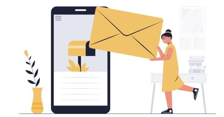 Illustration of a girl sending an email via smartphone