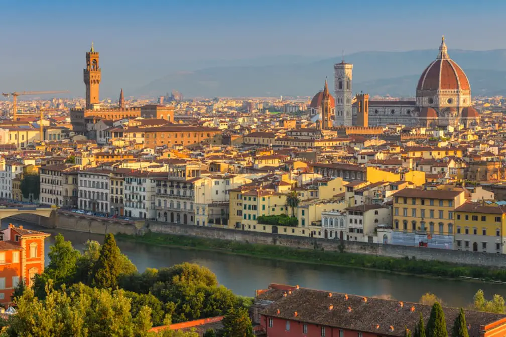 Panorama of the historic centre of Florence, Italy, with its many world-famous landmarks, such as Palazzo Vecchio and Cathedral of Santa Maria del Fiore (Duomo di Firenze)