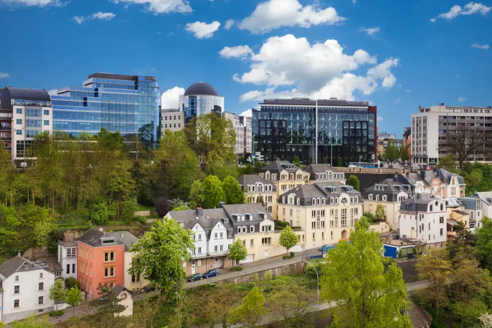 Panoramic view of Luxembourg City with its contrasting architecture: modern multistorey buildings next to traditional urban houses